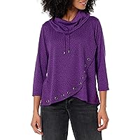 MULTIPLES Women's Petite Three Quarters Sleeve Drawstring Cowl Collar Wrap Front Hi-lo Top with Embellishment