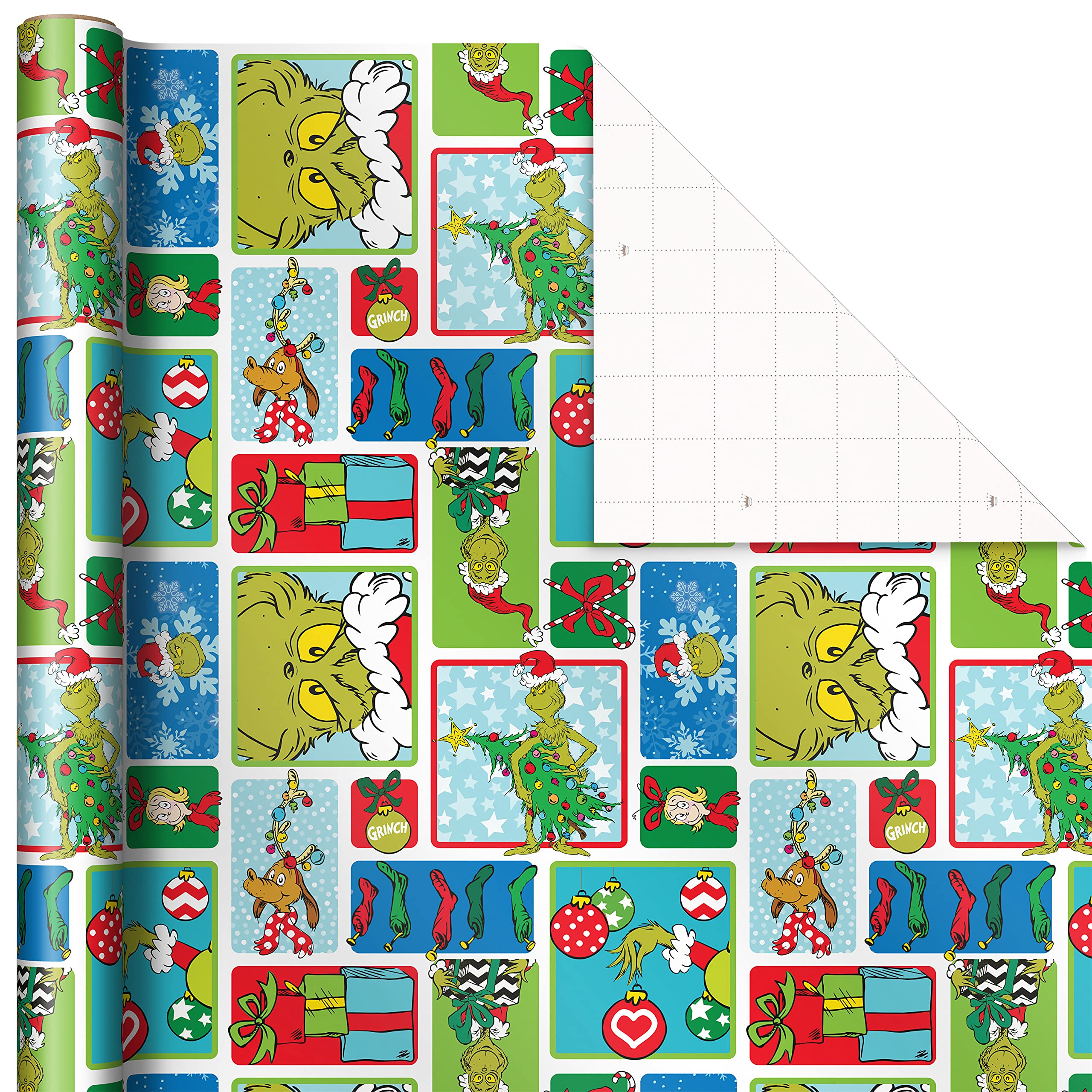 Hallmark Grinch Wrapping Paper for Kids (3 Rolls: 105 Sq. Ft. Ttl) for Christmas with Blue Tiles, White Snowflakes, Cindy Lou Who, Max