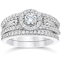 1 Carat Vintage Halo Diamond Engagement Wedding Ring Set 14K White Gold