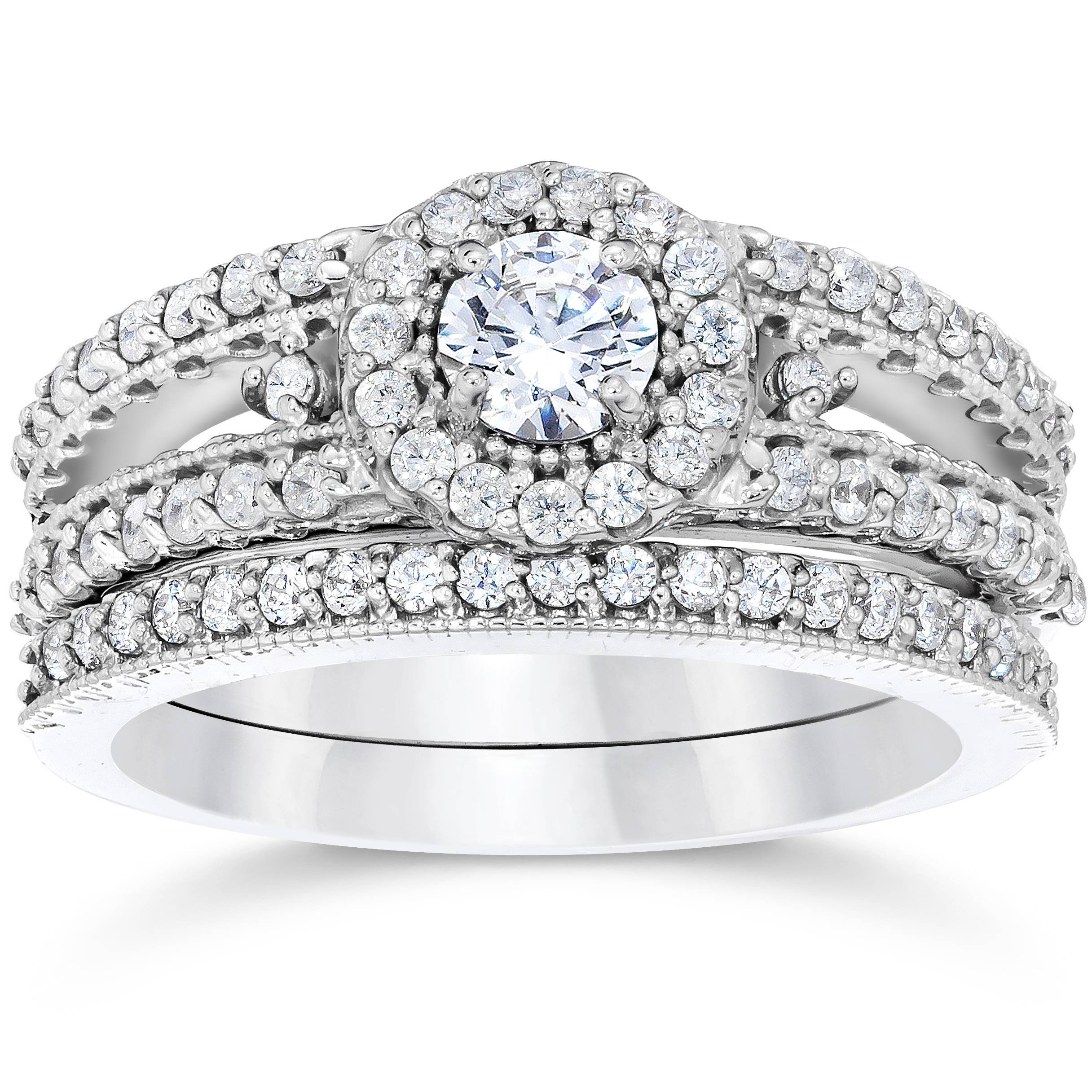 1 Carat Vintage Halo Diamond Engagement Wedding Ring Set 14K White Gold