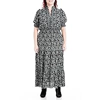 Max Studio Women's Plus Size Crepe Smocked Short Sleeve Tiered Maxi Dress