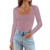 MEROKEETY Women's 2024 Square Neck Long Sleeve T Shirts Slim Fitted Ribbed Knit Casual Tee Tops