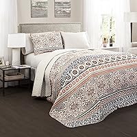 Lush Decor Nesco Quilt Striped Pattern Reversible 3 Piece Bedding Set, King, Navy & Coral