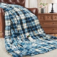 OCTROT Heated Blanket Electric Twin Size, Heating Blanket with 10 Heating Levels & 8 Hours Auto Off, Thick Soft Fuzzy Heat Blanket Sherpa Flannel Plush Checkered Plaid Blanket for Couch, 62x84in Blue