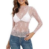 MEROKEETY 2024 Womens Mesh Sheer Long Sleeve Layering Top Mock Neck Lace Floral See Through Shirt Blouses