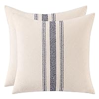 Boho Throw Pillow Covers 18x18 inch Set of 2 Couch Decorative Pillow Cases Woven Textured Linen Neutral Navy Blue Stripes Cushion Cover Farmhouse Decor