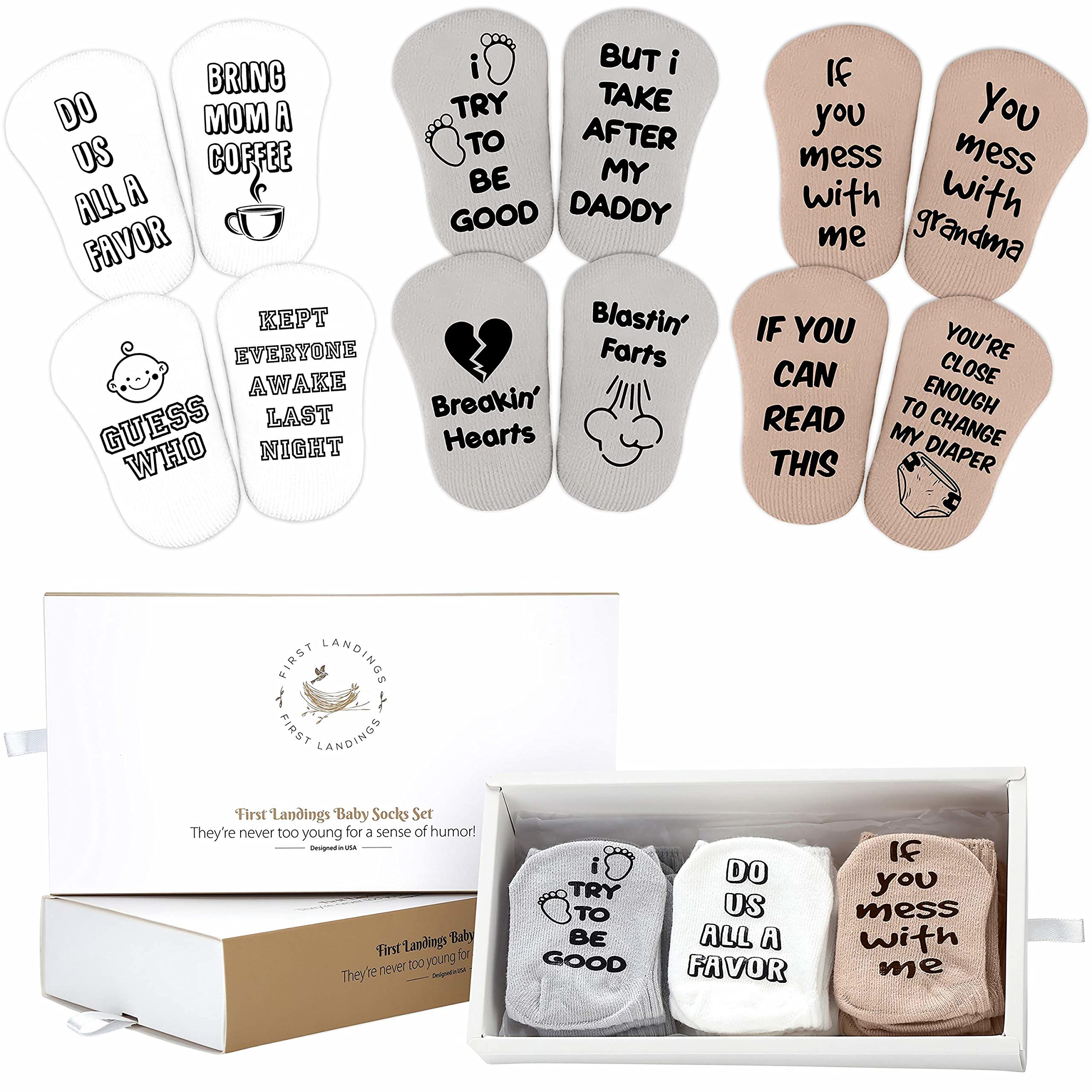 First Landings Baby Socks Gift Set - 6 Pairs of Infant Socks with Adorable Quotes - Ready-to-Gift Packaging - Blues