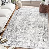 ReaLife Machine Washable Area Rug - Living Room Bedroom Bathroom Kitchen Entryway Office - Non Slip Low Pile Stain Resistant Premium - Boho Farmhouse Vintage - Noor - Silver Ivory 5' x 7'