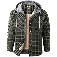 Flygo Men's Outdoor Casual Camp Fleece Sherpa Lined Hooded Plaid Flannel Shirt Jacket(02 Hooded ArmyGreen-M)