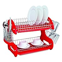 2 Tier Dish Drainer, By Home Basics (Red) Dish Rack For Kitchen Counter, With Cutlery Holder and Cup Slots