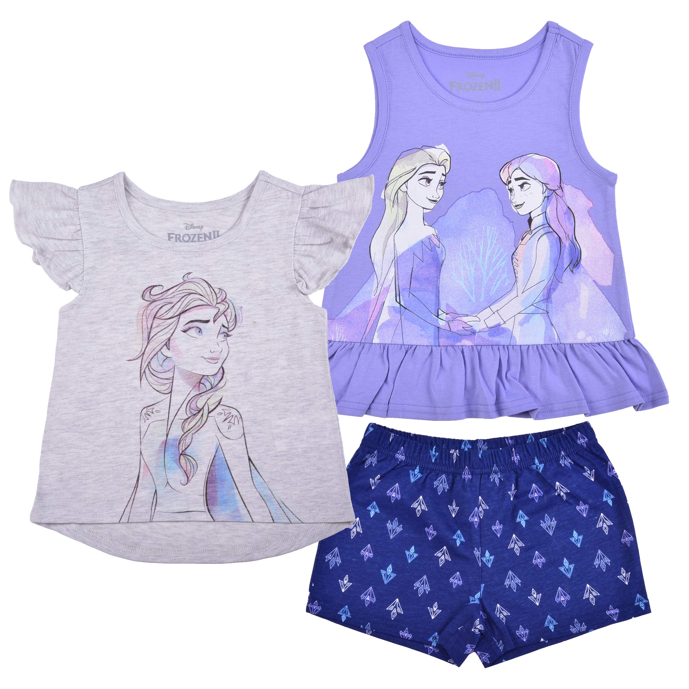 Disney Frozen Girls’ T-Shirt, Tank Top and Shorts Set for Toddler and Little Kids – Purple/Grey/Navy