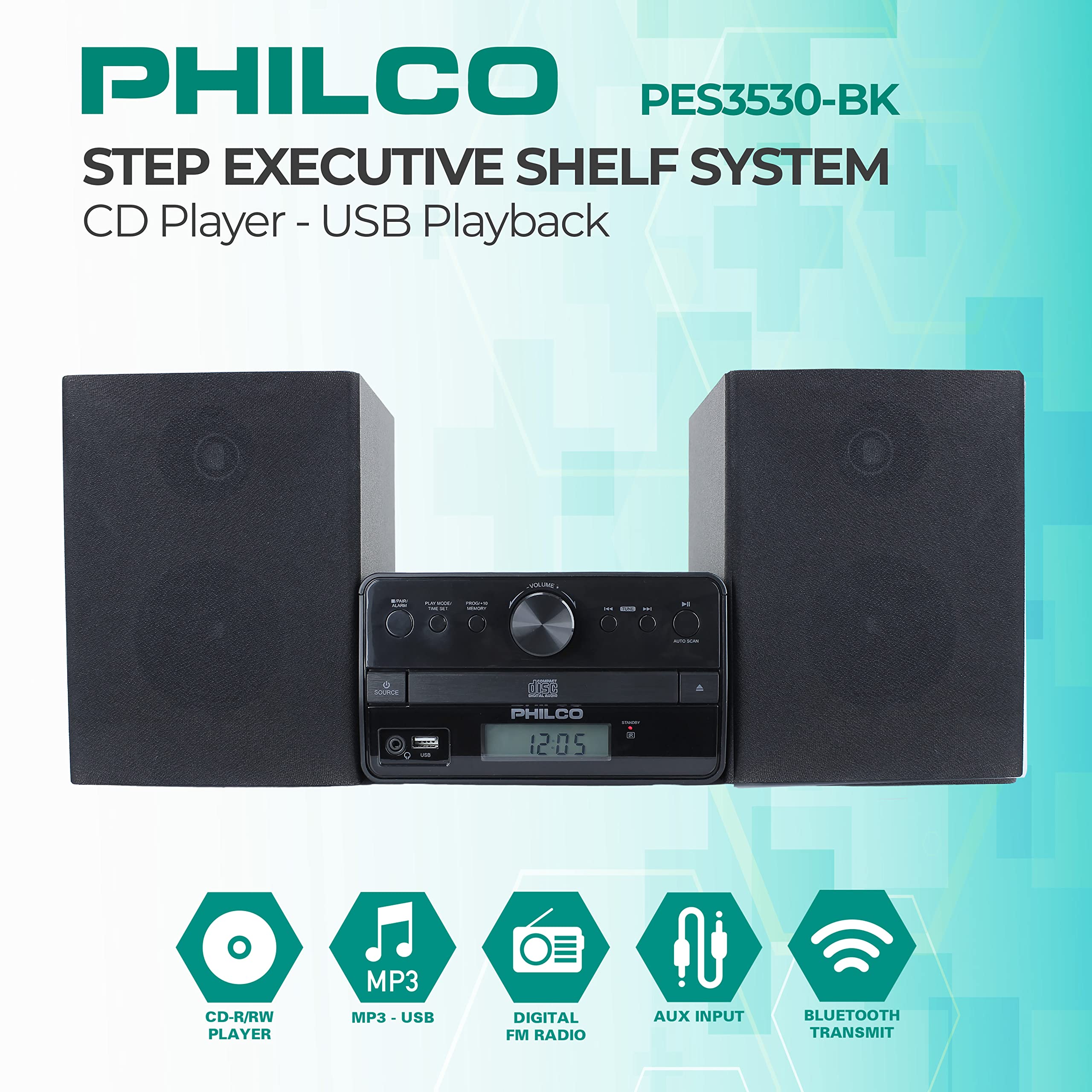 Philco Stereo Shelf Systems Tray Loading CD Player with Digital FM Radio, Bluetooth Streaming, Remote Control in Black | LCD Display | 3.5mm Headphone Jack | MP3 & AUX Port Compatible