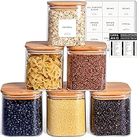 Laramaid 27oz 6Packs Square Glass Jars Set with Minimalist Pantry Labels, Square Pantry Jars with Bamboo Lids and White Customized Sticker Labels, Food Storage Containers for Home