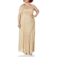 Dress the Population Women's Plus-Size Savannah One Shoulder Sleeveless Shiny Grecian Gown Plus Dress, Gold, 3X