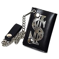 Leatherboss Genuine Leather Trifold Dollar Sign Biker Chain Wallet Credit Card Cash with ID Holder, Black