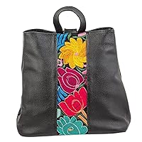 NOVICA Handmade Cotton Accent Leather Backpack Floral Blue from Mexico Handbags Multicolor Backpacks Embroidered 'Floral Sophistication'