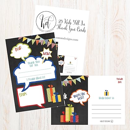 Hadley Designs 25 Chalkboard Kids Thank You Cards, Fill In Thank You Notes For Kid, Blank Personalized Thank Yous For Birthday Gifts, Stationery For Children Boys and Girls