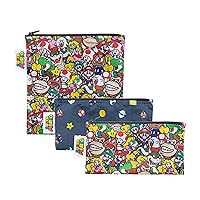 Bumkins Nintendo Reusable Sandwich and Snack Bags, for Kids School Lunch and for Adults Portion, Washable Fabric, Waterproof Cloth Zip Bag, Travel Pouch, Food-Safe, 3-pk Super Mario