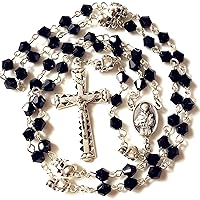 elegantmedical silver skull Beads black Crystal 5 Decade rosary cross crucifix Catholic Necklace