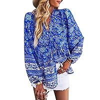 KAYWIDE Women's Casual Boho V Neck Top Loose Floral Printed Long Sleeve Beach Shirts Blouses