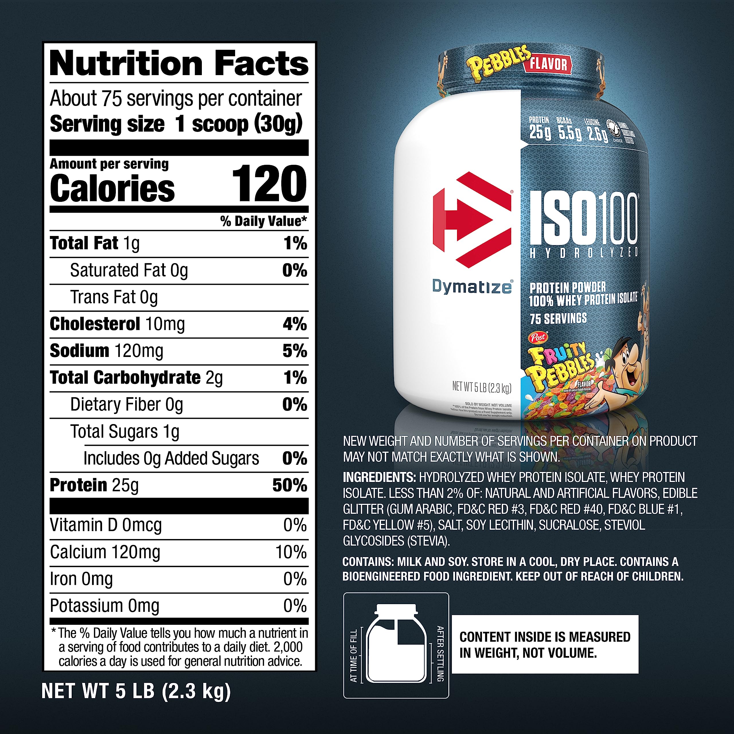 Dymatize ISO100 Hydrolyzed Protein Powder, 100% Whey Isolate, 25g of Protein, 5.5g BCAAs, Gluten Free, Fast Absorbing, Easy Digesting, Fruity Pebbles, 5 Pound
