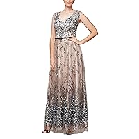 Alex Evenings Women's Sleeveless V-Neck Embroidered Gown with Satin Detail