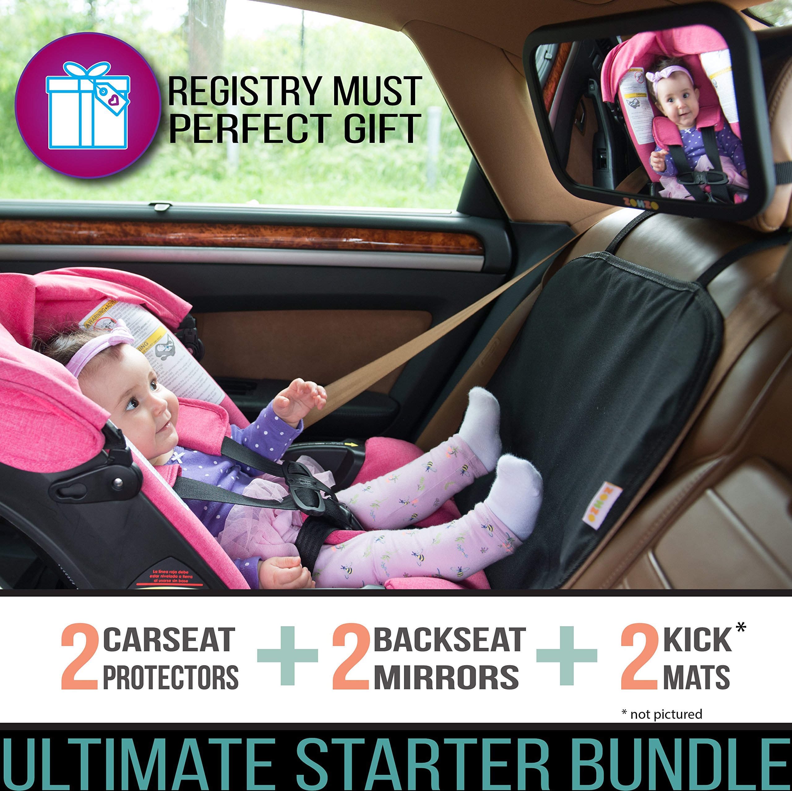 Zohzo Double Baby Car Bundle - Car Seat Protector Cover, Baby Car Mirror, Kick Mat Organizer for Baby Shower, New Infants, and Rear Facing Car Seats