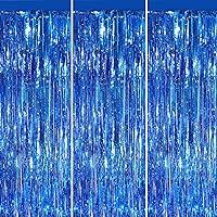 Blue 3 Pack Metallic Tinsel Foil Fringe Curtains, 3.3x8.3 Feet Blue Streamers Backdrop for Party, Door Streamers Party Decorations, Party Streamers for Birthday Christmas Party Decorations
