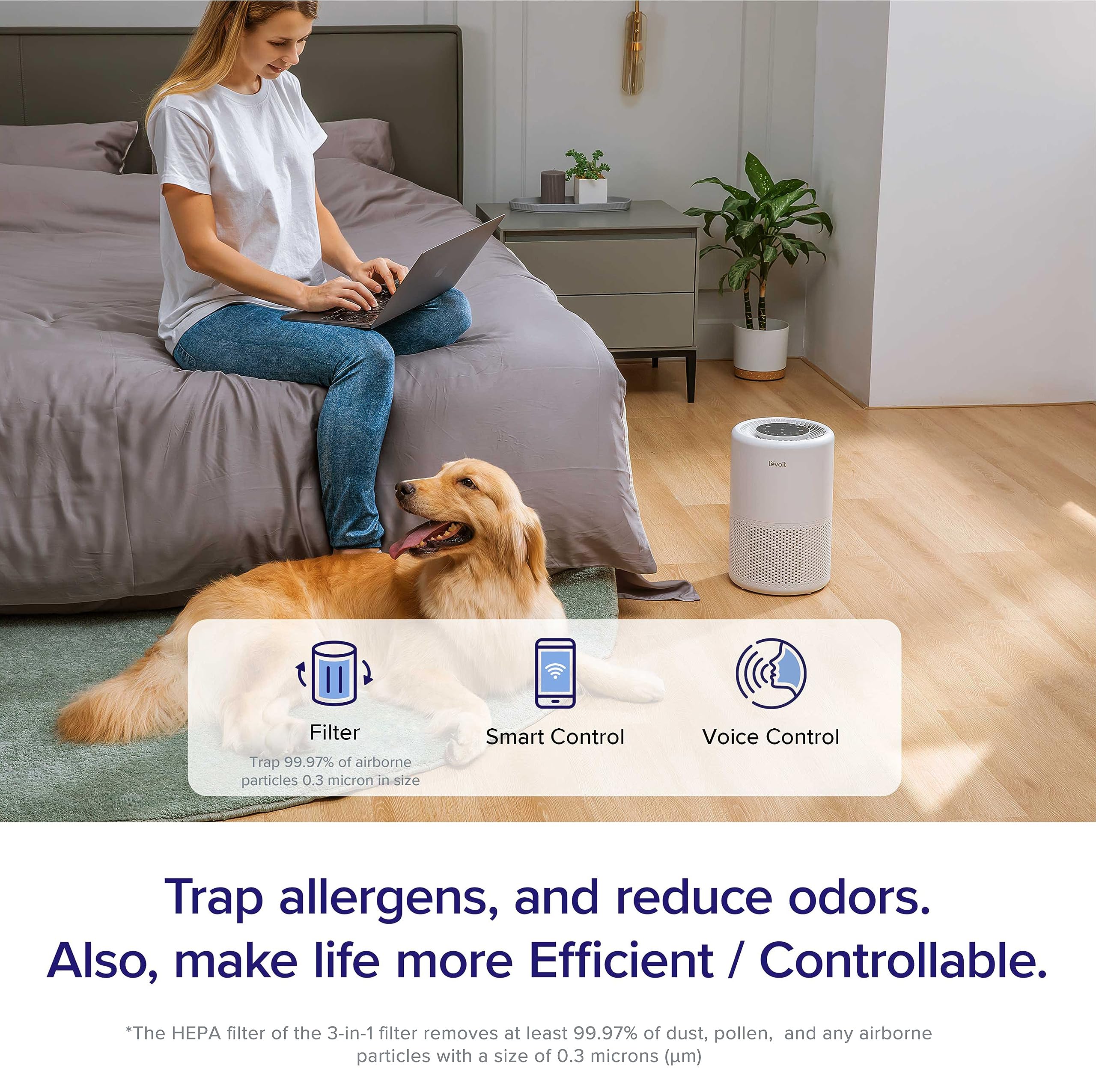 LEVOIT Air Purifier for Home Large Room, Smart WiFi Alexa Control, HEPA Filter for Allergies, Removes Pollutants, Smoke, Dust, Covers up to 915 Sq.Foot, 24dB Quiet for Bedroom, Core 200S, White