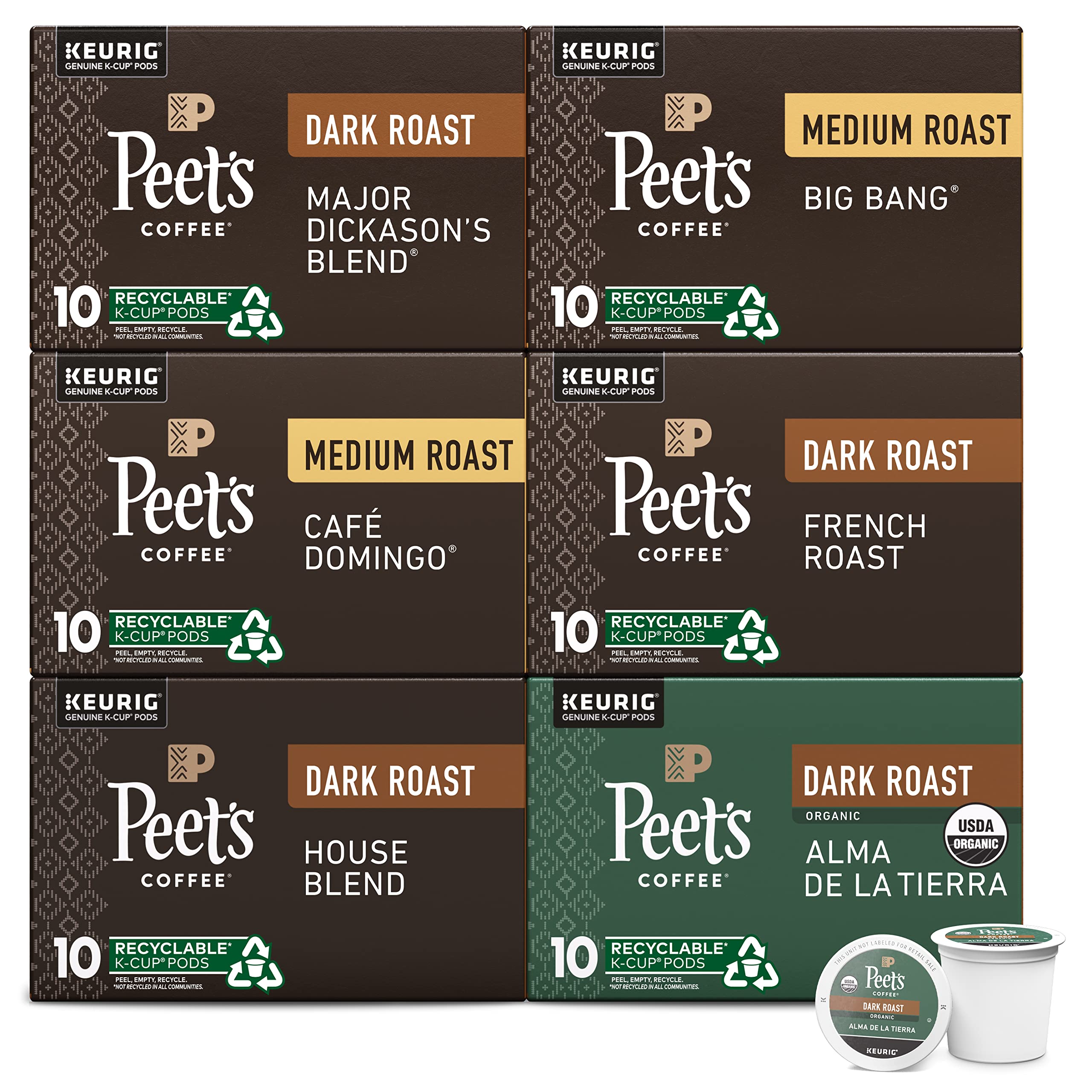 Peet's Coffee, Bestseller's Variety Pack K-Cup Pods for Keurig Brewers - Major Dickason’s, Big Bang, French Roast, Café Domingo, Organic Al...