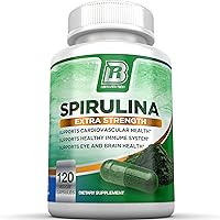 BRI Spirulina 2000mg Maximum Strength Premium Quality Spirulina Superfood Powder, Packed w Antioxidants, Protein and Vitamins in Easy to Swallow Vegetable Cellulose Capsules (120 Count)