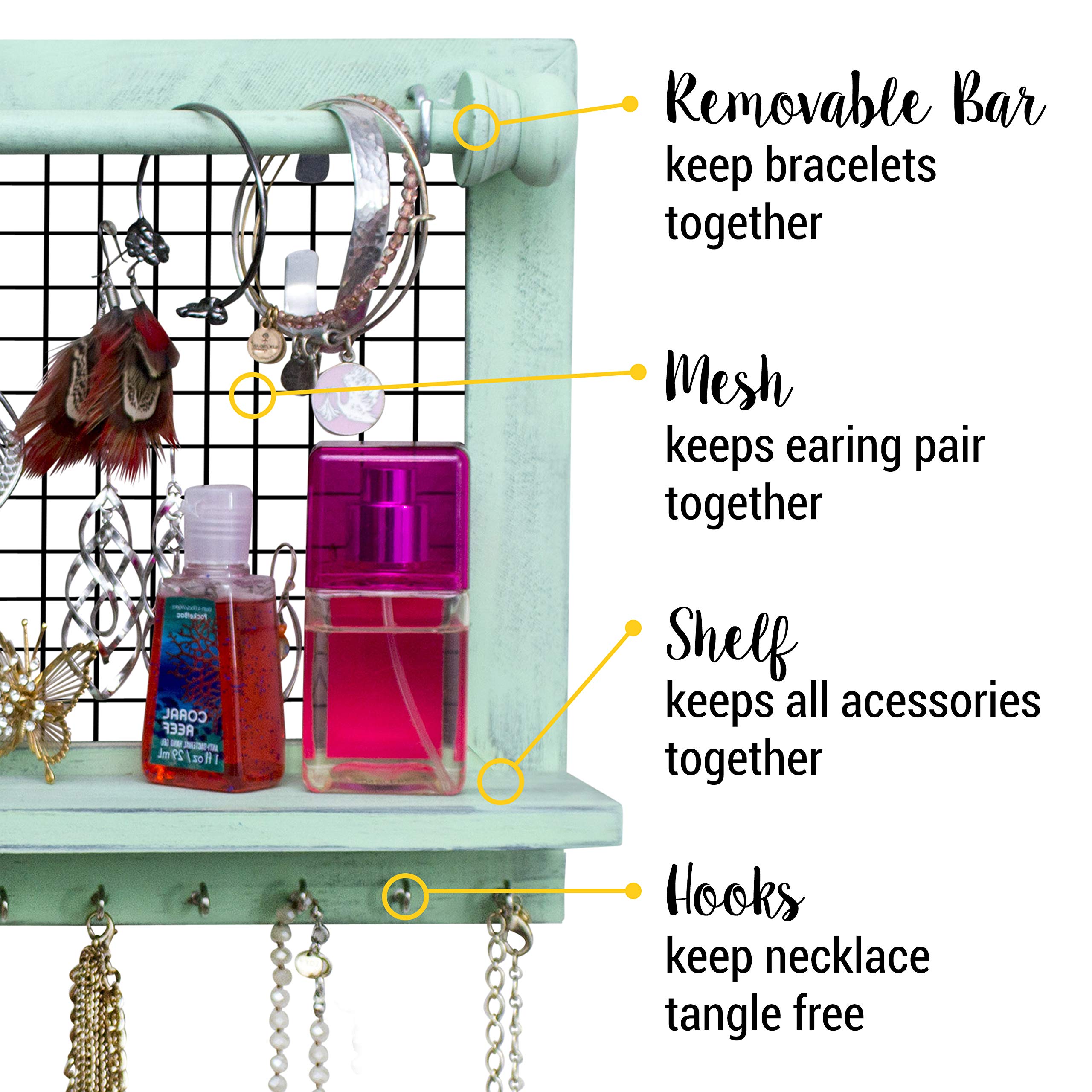 SoCal Buttercup Shabby Chic Jewelry Organizer with Removable Bracelet Rod from Wooden Wall Mounted Holder for Earrings Necklaces Bracelets and Other Accessories