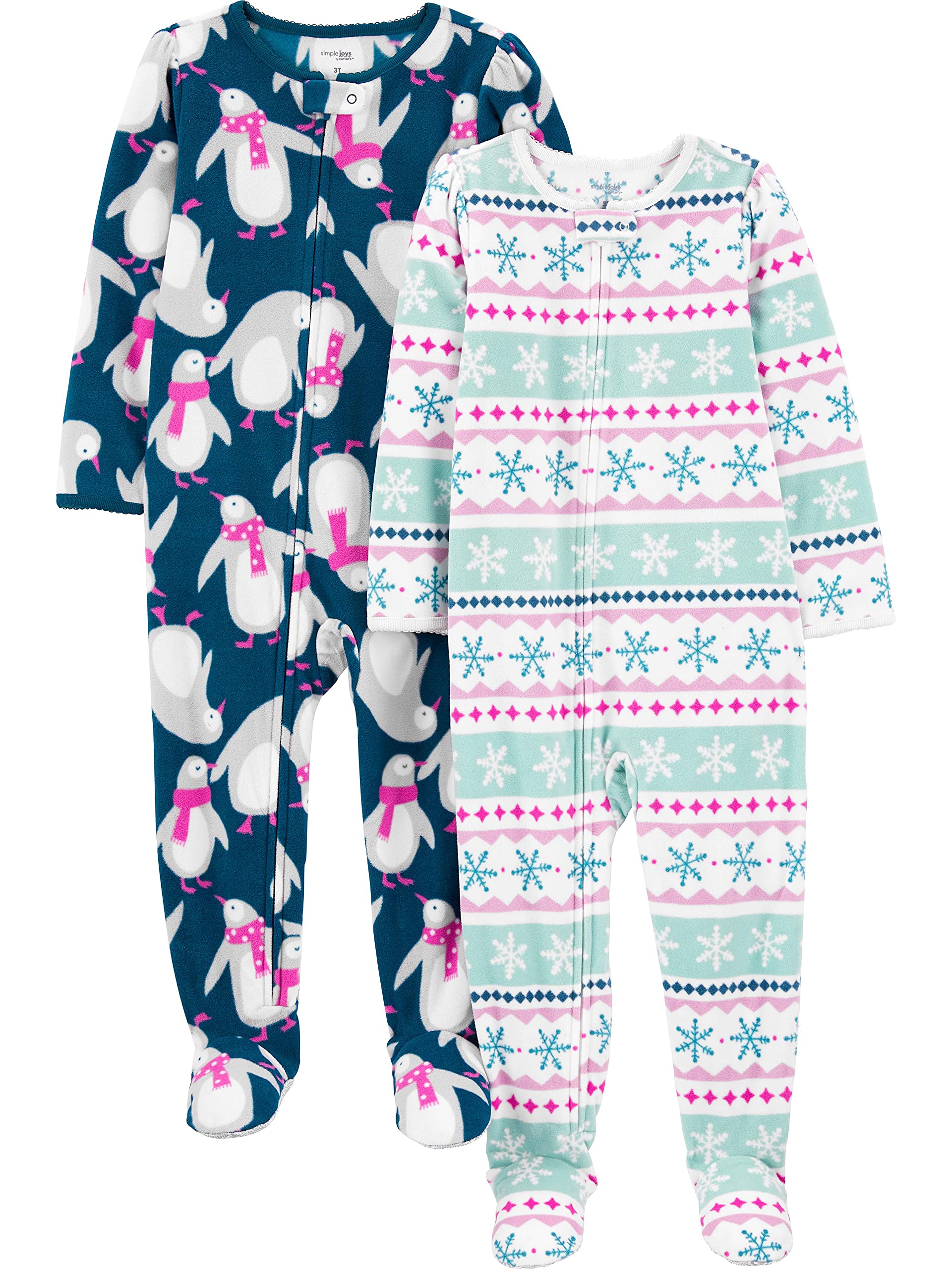 Simple Joys by Carter's Babies, Toddlers, and Girls' Holiday Loose-Fit Flame Resistant Fleece Footed Pajamas, Pack of 2