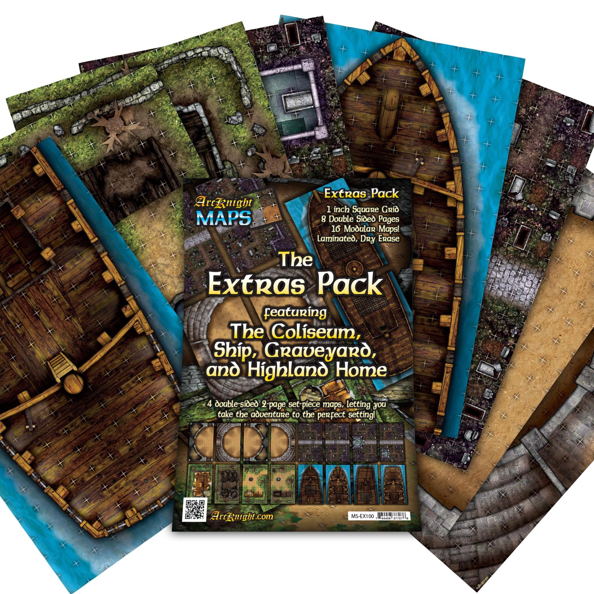 Arcknight The Extras Pack Roleplaying Battlemaps; 16 Modular RPG Maps in 8 Double-Sided Pages, 1