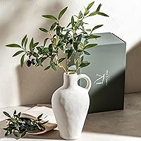 Laurel and Vine Matte Textured 10 Inch Tall White Vase Including 22 Inch Olive Branches for Vases, Medium Artificial Topiaries Fake Plants, Minimalist Shelf Decor, Neutral Home Office Desk Room Decor
