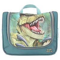 12918 Dino World Danger Wash Bag in Green with Trex Motif and Dino Pattern, Toiletry Bag with Zip and Hanger