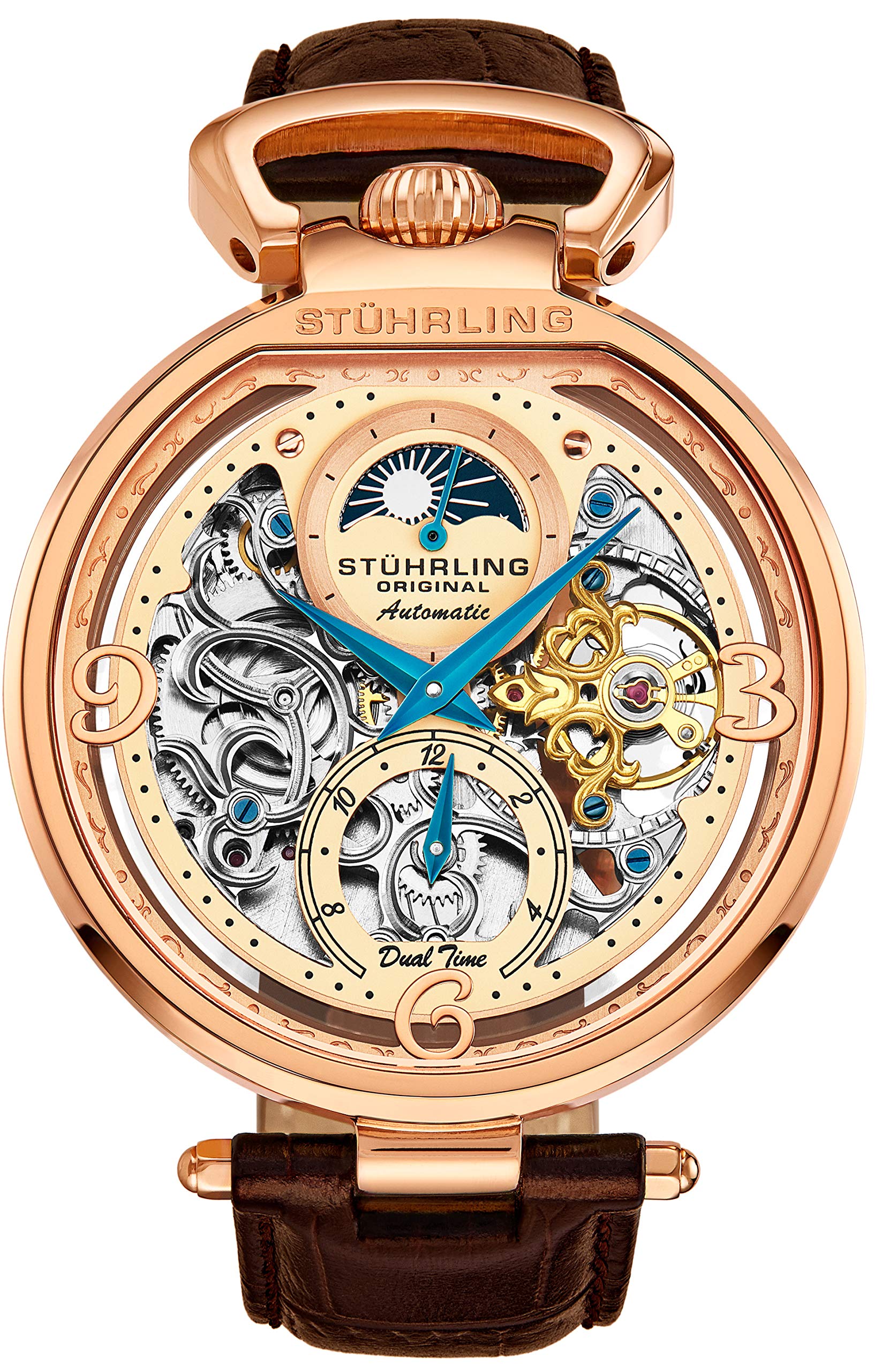 Stührling Original Mens Analog Display Automatic Self Wind, Skeleton Dial, Dual Time, AM/PM Sun Moon, Leather Band, 127A2 Series
