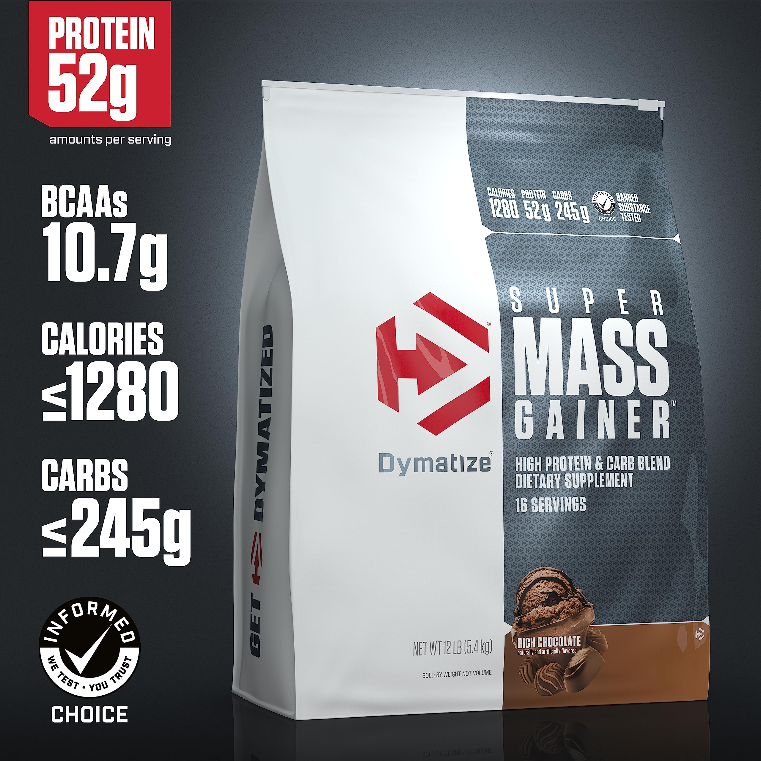 Dymatize Super Mass Gainer Protein Powder, 1280 Calories & 52g Protein, 10.7g BCAAs, Mixes Easily, Tastes Delicious, Rich Chocolate, 12 lbs