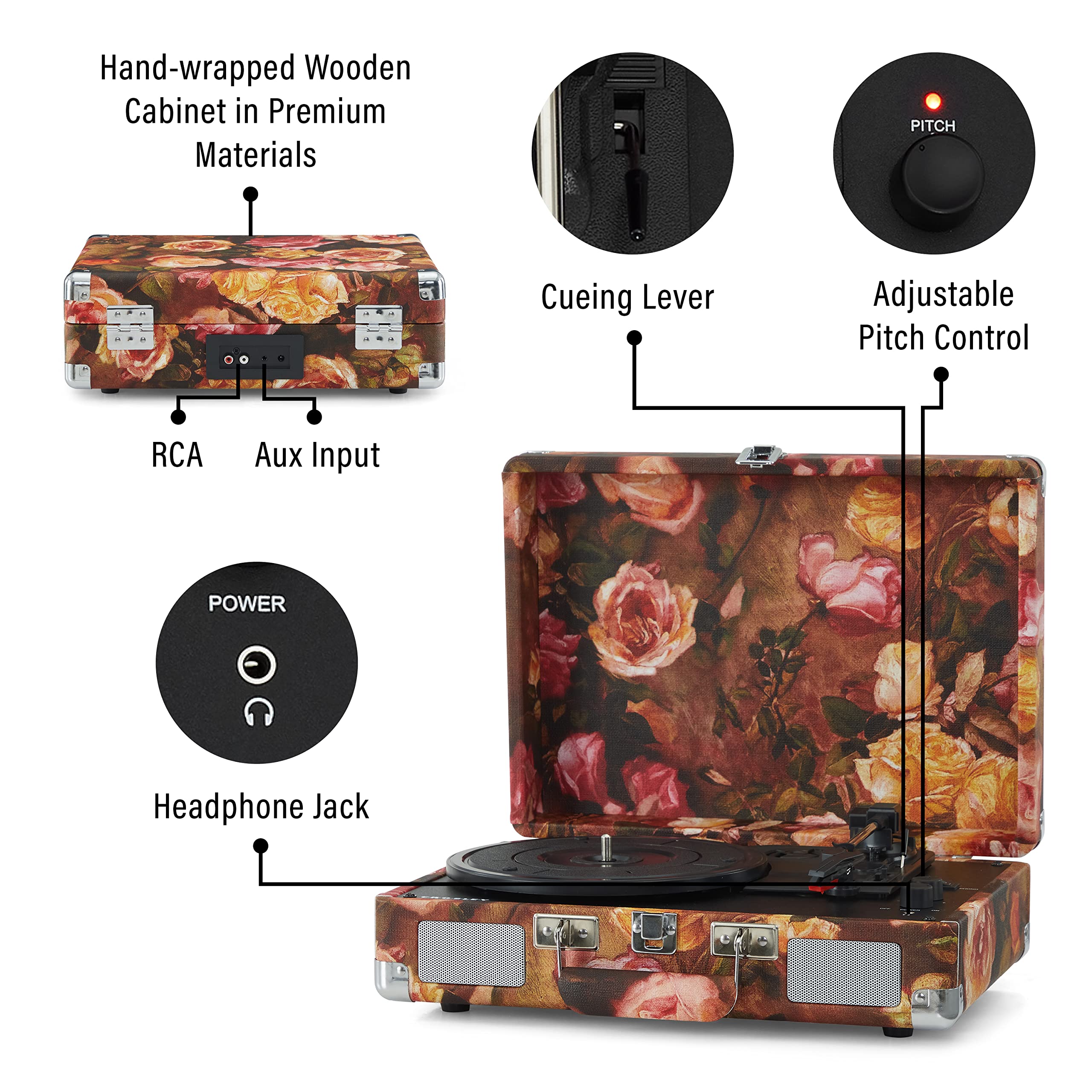 Crosley CR8005F-FL Cruiser Plus Vintage 3-Speed Bluetooth in/Out Suitcase Vinyl Record Player Turntable, Floral