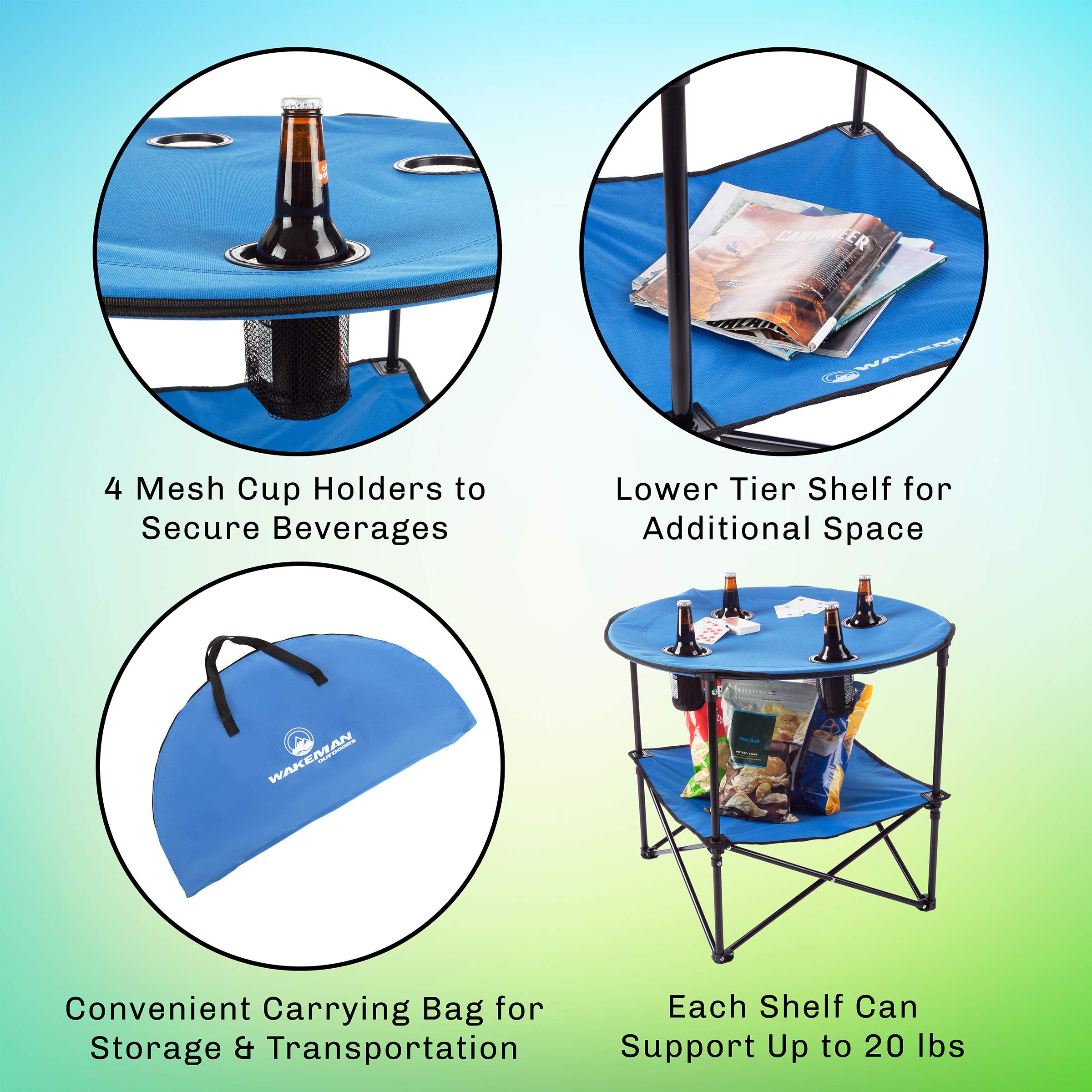 Wakeman Camp Table - Round 2-Tier Folding Table with 4 Cupholders and Carrying Bag - for Camping, Beach, Picnic, Sporting Events, and More Outdoors,Blue