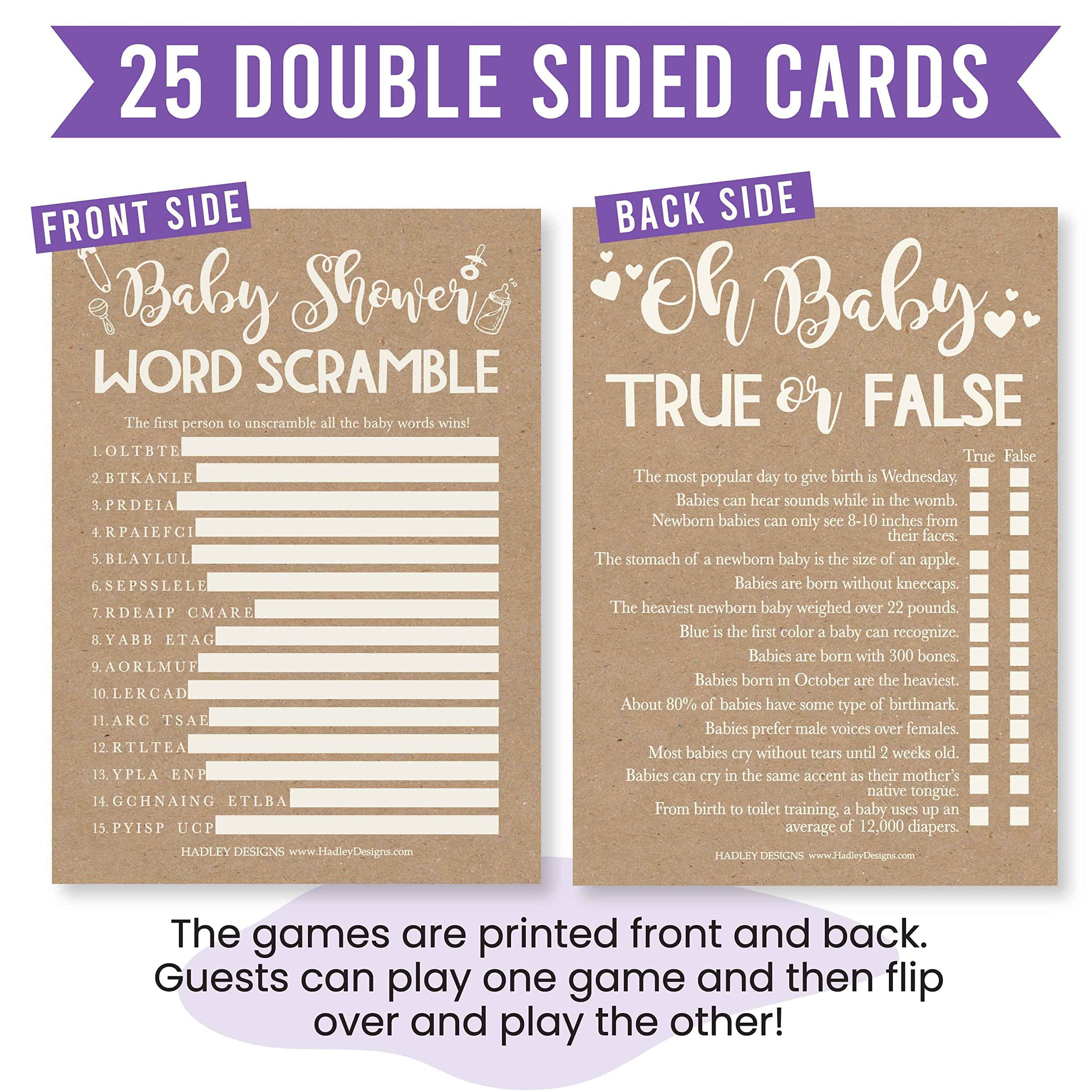 Hadley Designs 25 Rustic Word Scramble for Baby Shower, 25 True Or False Game, 25 Baby Animal Matching, 25 Nursery Rhyme Game - 4 Double Sided Cards Baby Shower Ideas, Baby Shower Party Supplies