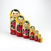 Wooden Russian Nesting Matryoshka 7 Dolls Set Hand Painted Yellow Red Top 