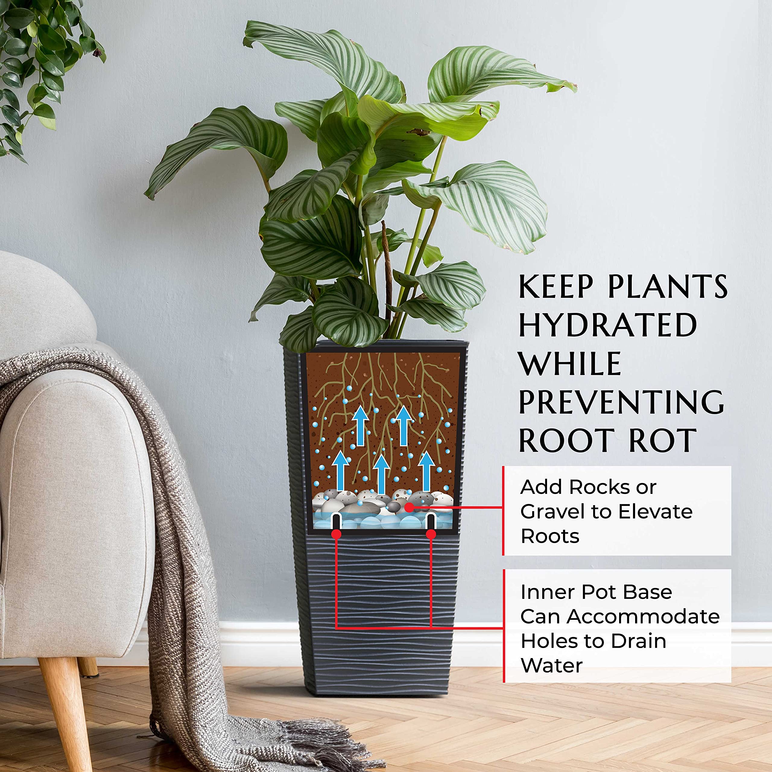 Janska by Mueller M-Resin Heavy Duty Tall Planter, Indoor/Outdoor Grande Plant, Tree, Flower Pot, 2-Piece Set, 24”, Modern Design, Built-in Drainage, Dark Gray