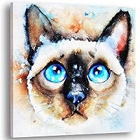 Siamese Cat Canvas Wall Art Decor With Stunning Blue Eyes | 100% Original, Unique, Realistic Siamese Cat Watercolor Picture Wall Art Decoration For Bedroom, Living Room, Kitchen, Family Bathroom, Home Office, Nursery, Playroom (Extra Large, 40