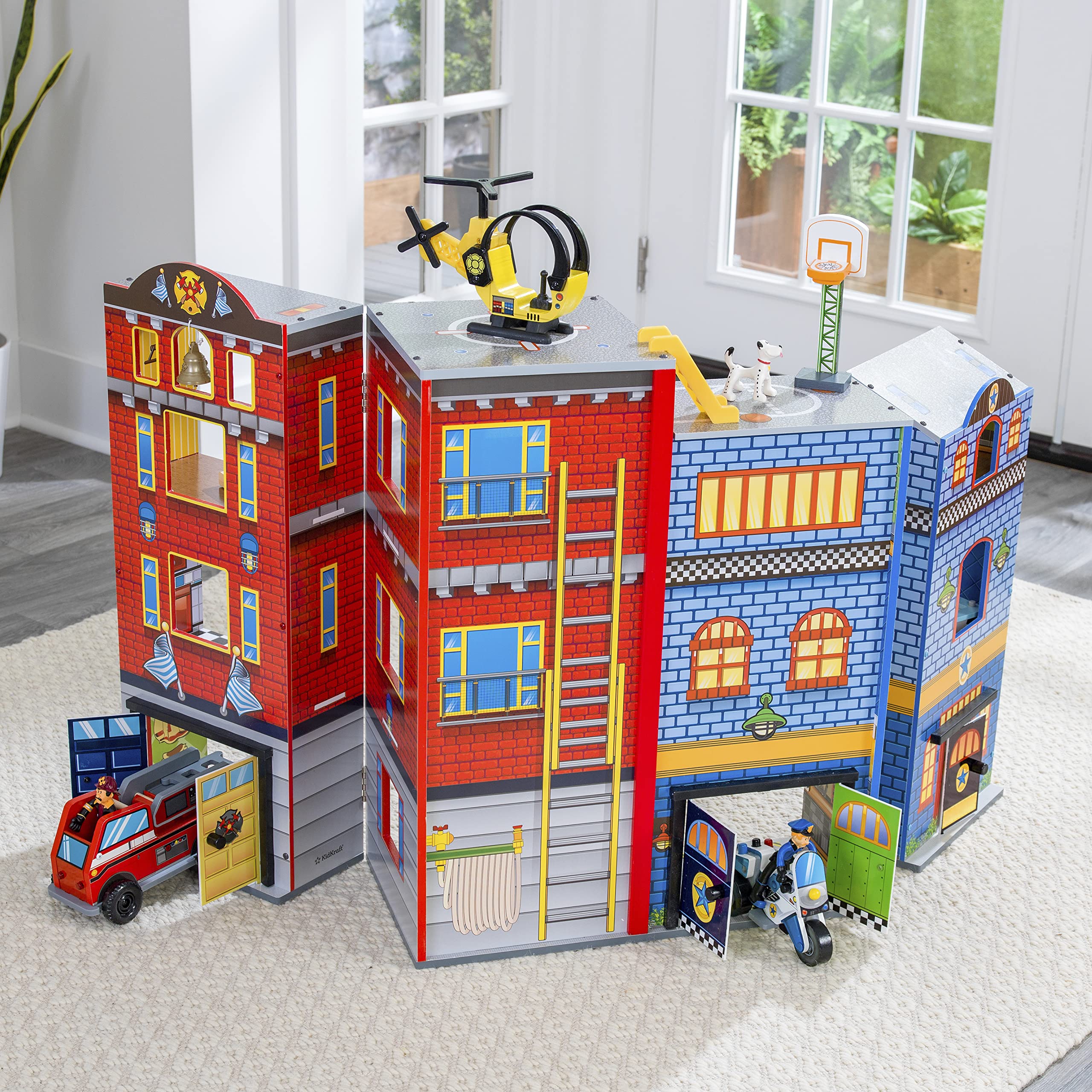 KidKraft Everyday Heroes Wooden Playset, 3-Story with 26-Piece Accessories, Foldable for Storage