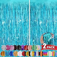 Light Blue Metallic Tinsel Foil Fringe Curtains, 2 Pack 3.3x8.3 Feet Streamer Backdrop Curtains for Birthday Party Decorations, Halloween Decor, Foil Curtain Backdrop for Bachelorette Party