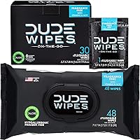 DUDE Wipes - Flushable Wipes - 48 Count Dispenser and 30 Single Wipes - Unscented Extra-Large Adult Wet Wipes - Individually Wrapped & Dispenser - Vitamin-E & Aloe
