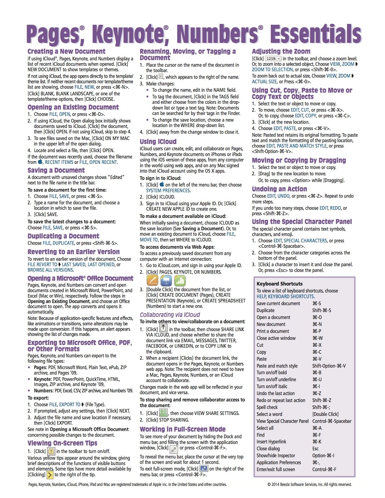 Pages, Keynote, & Numbers for Mac Essentials, versions x.2 Quick Reference Guide (Cheat Sheet of Instructions, Tips & Shortcuts - Laminated Card)