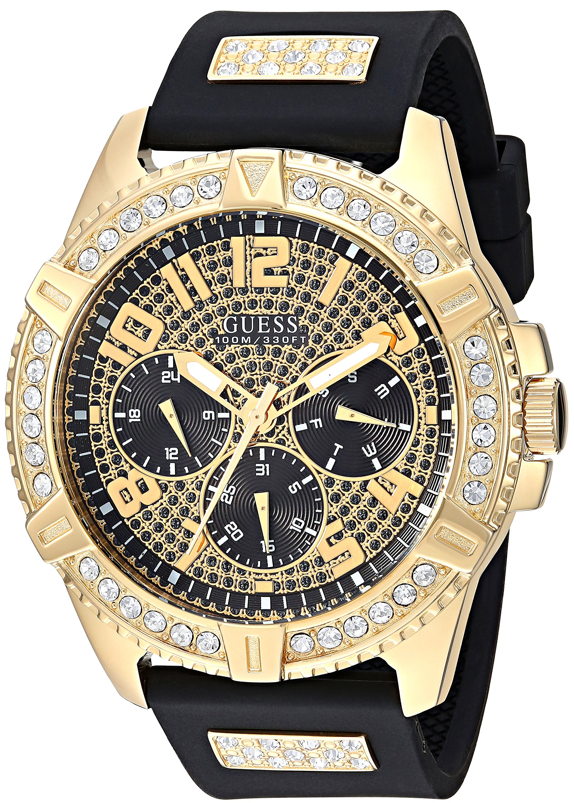 GUESS Stainless Steel Crystal Embellished Bracelet Watch with Day, Date + 24 Hour Military/Int'l Time