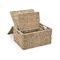 Trademark Innovations Set of 3 Rectangular Seagrass Baskets with Lids, Natural (Small)